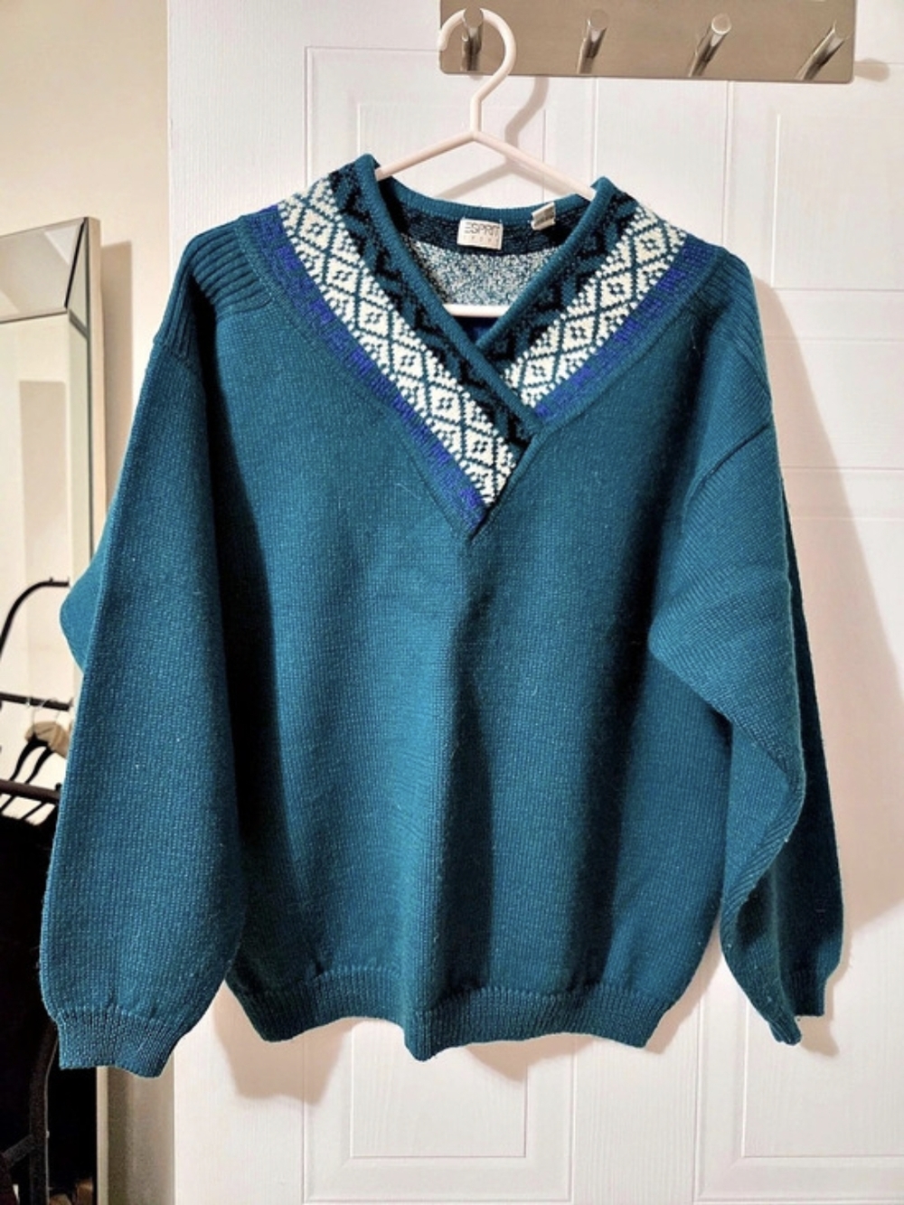 Vintage Esprit Sport 100% Wool Fair Isle Sweater Teal Blue Women’s Medium